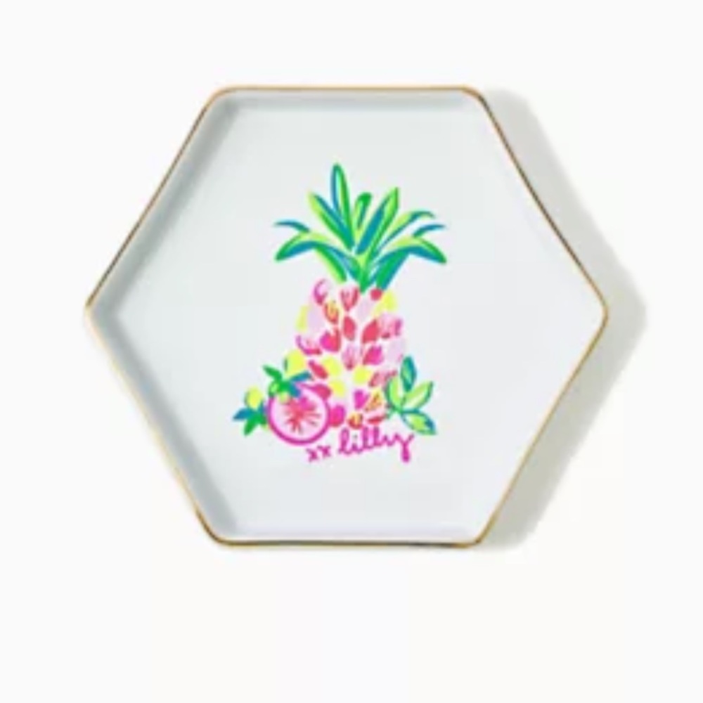 Lilly Pulitzer Pineapple Trinket Dish Gold Jewelry Tray Hexagon Ceramic Gift Her